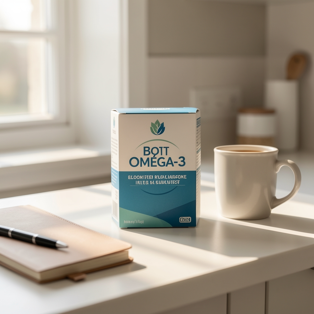 Boîte Oméga-3 Premium Brentova posée sur un plan de travail clair avec un carnet et une tasse en lumière naturelle du matin