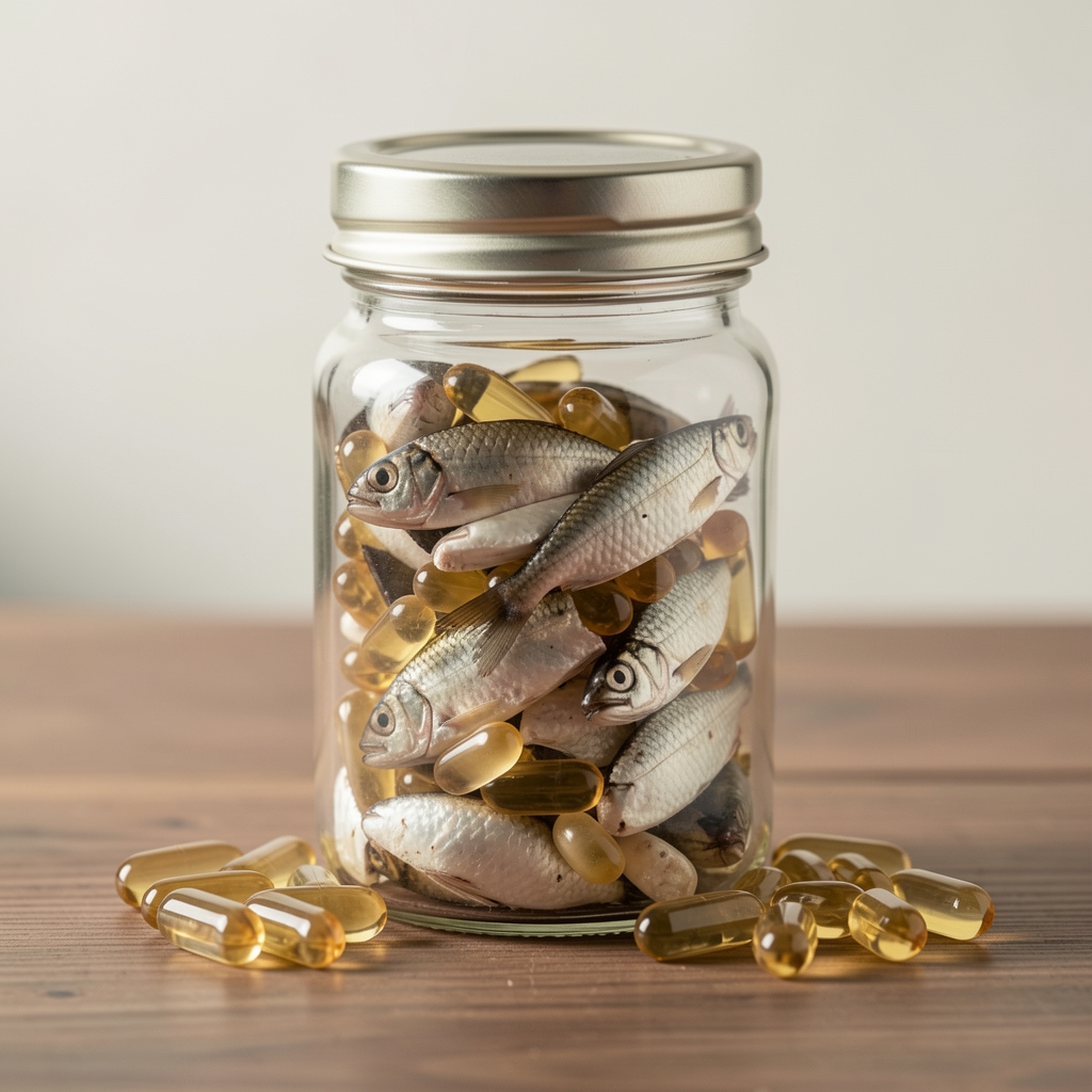 Huile de poisson concentrée et gélules d'Oméga-3 Premium disposées dans des coupelles en verre sur une table claire