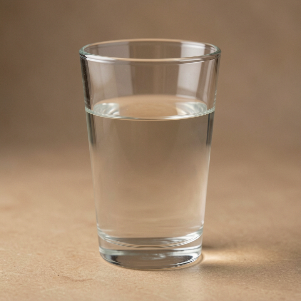 Verre d'eau et boîte d'Oméga-3 Premium posés sur une table de petit-déjeuner en bois clair au lever du jour