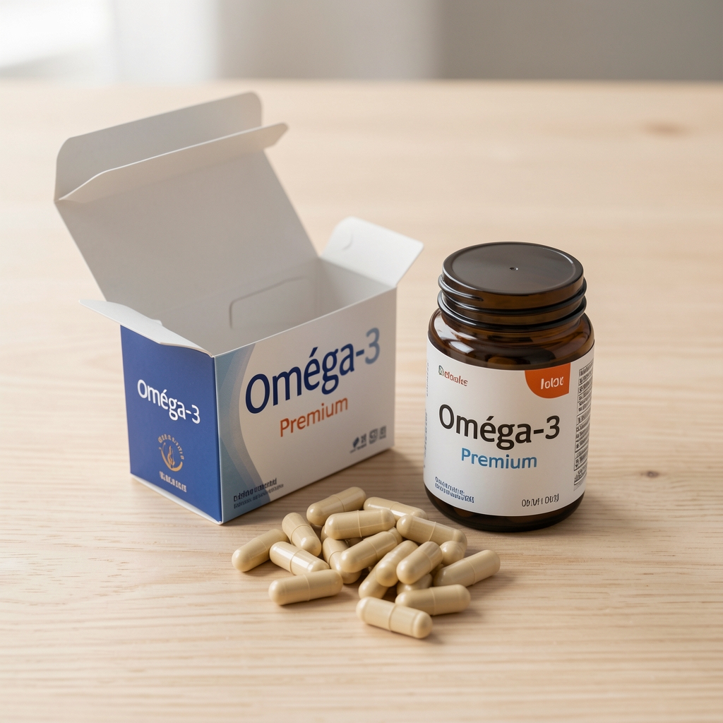 Gélules Oméga-3 Premium versées à côté de leur boîte ouverte sur une table en bois clair