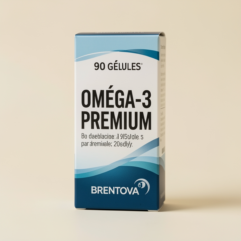 Boîte de 90 gélules Oméga-3 Premium par Brentova présentée debout sur fond crème neutre